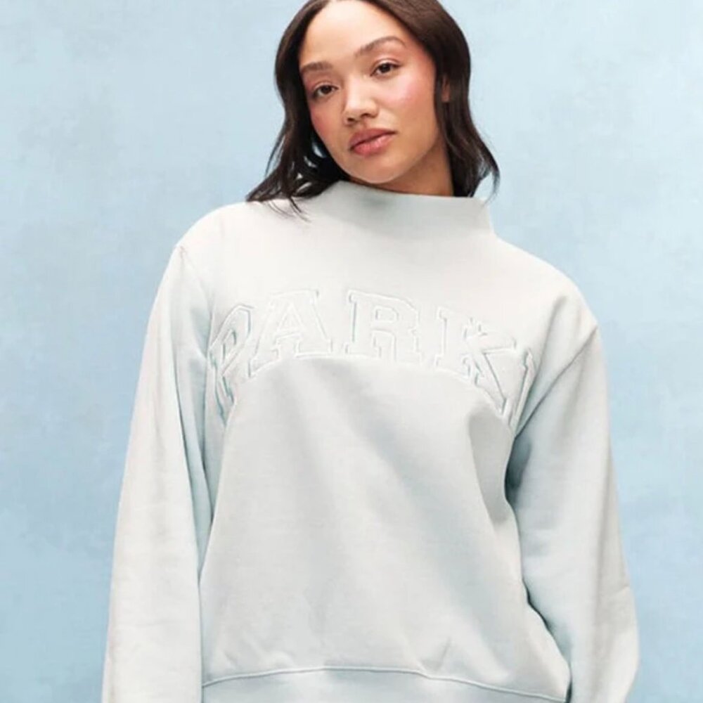 PARKE Fleece Monochrome Varsity Mockneck Sweatshirt in Arctic size S/M NEW